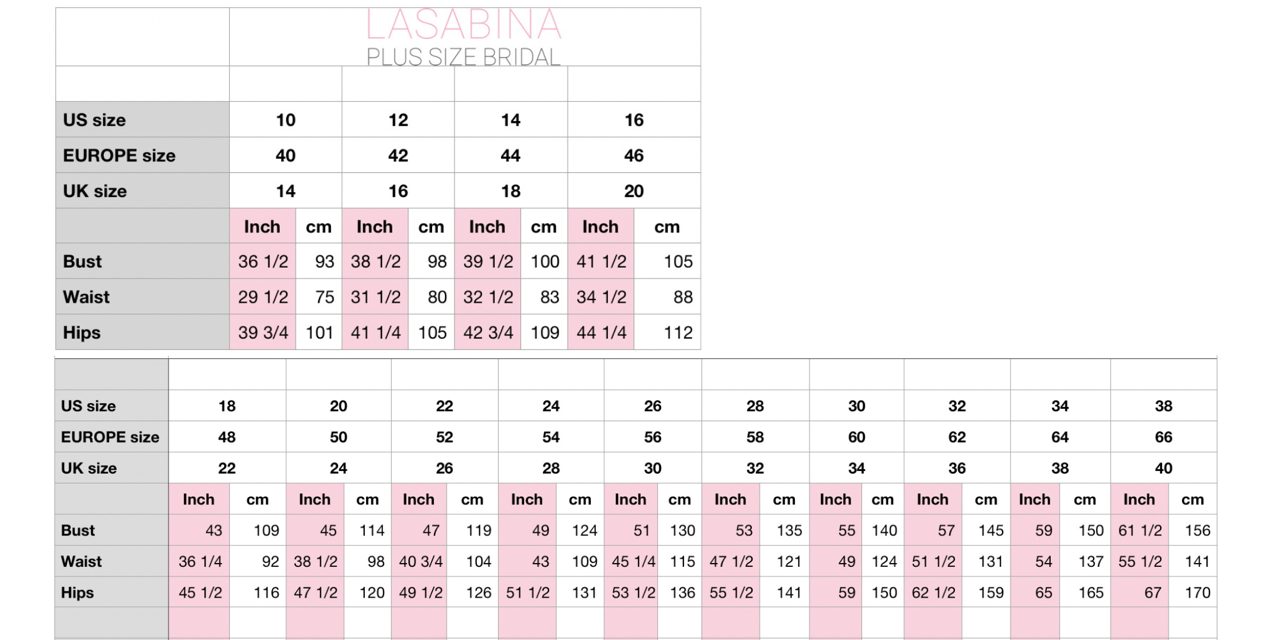 Lasabina plus size wedding dress size chart